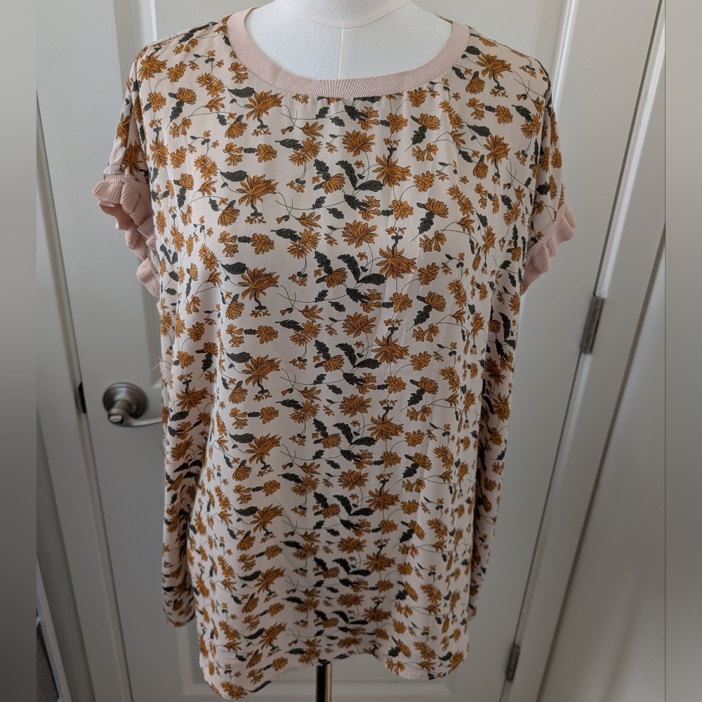 T TAHARI Blouse Cap Sleeve Floral Print Ruffle Cream and Yellow Plus Size 2X